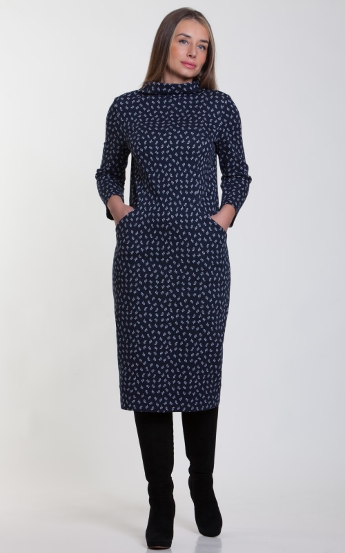 COMFORTABLE OFFICE cotton DRESS WITH POCKETS IN BLUE COLOUR Magnolica