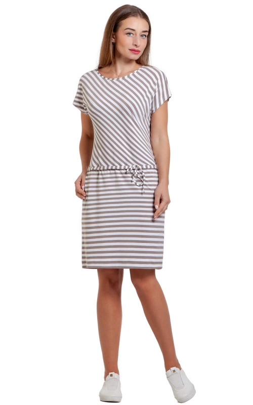 Summer Spring And Summer White Dress With Beige Squiggly Stripes Magnolica