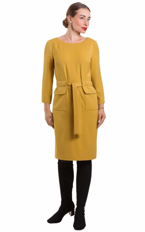Yellow Casual Office Dress With Belt Magnolica